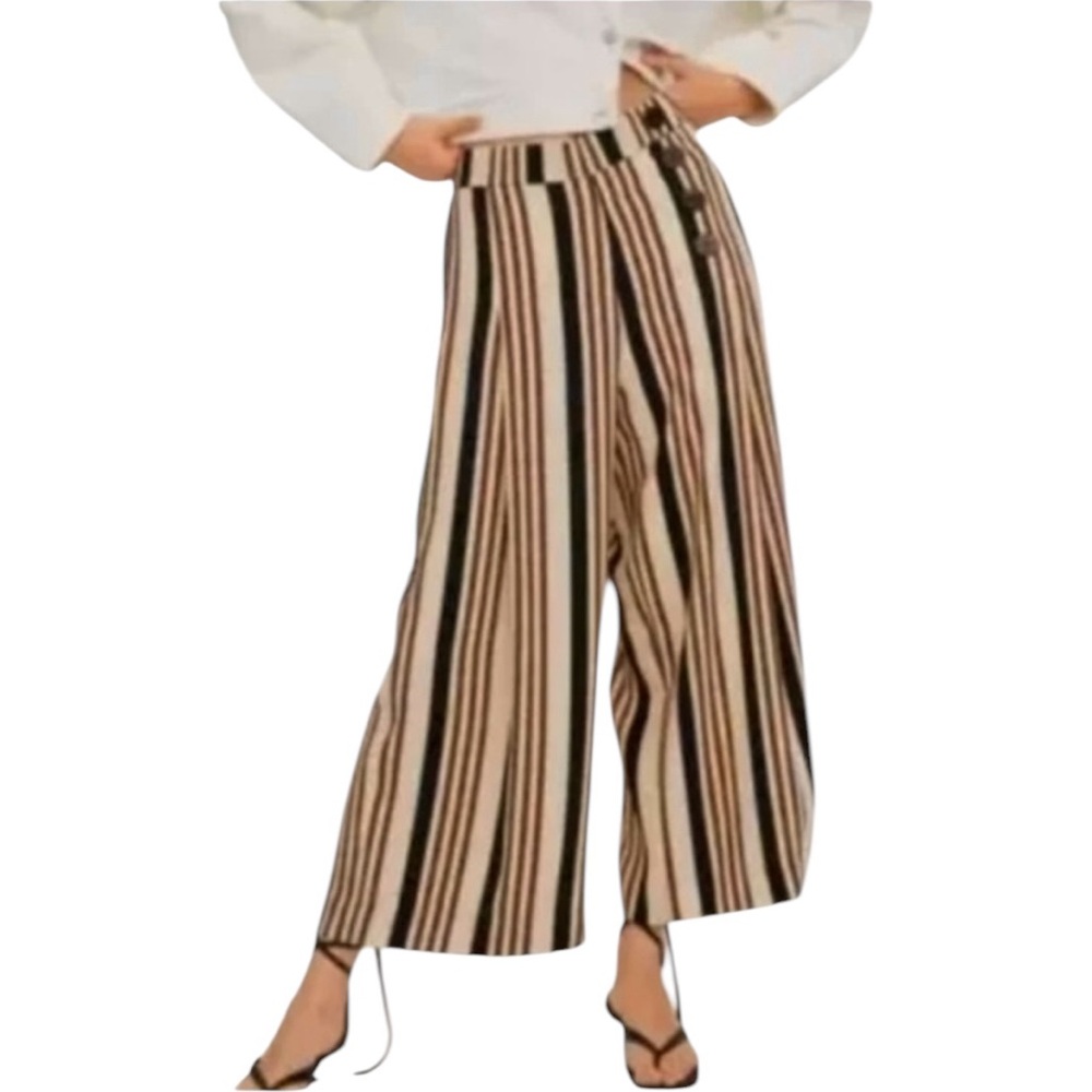 ZARA Wide Leg Elastic Waist Pull On Pants Vertical Stripe Black Brown Tan Cream